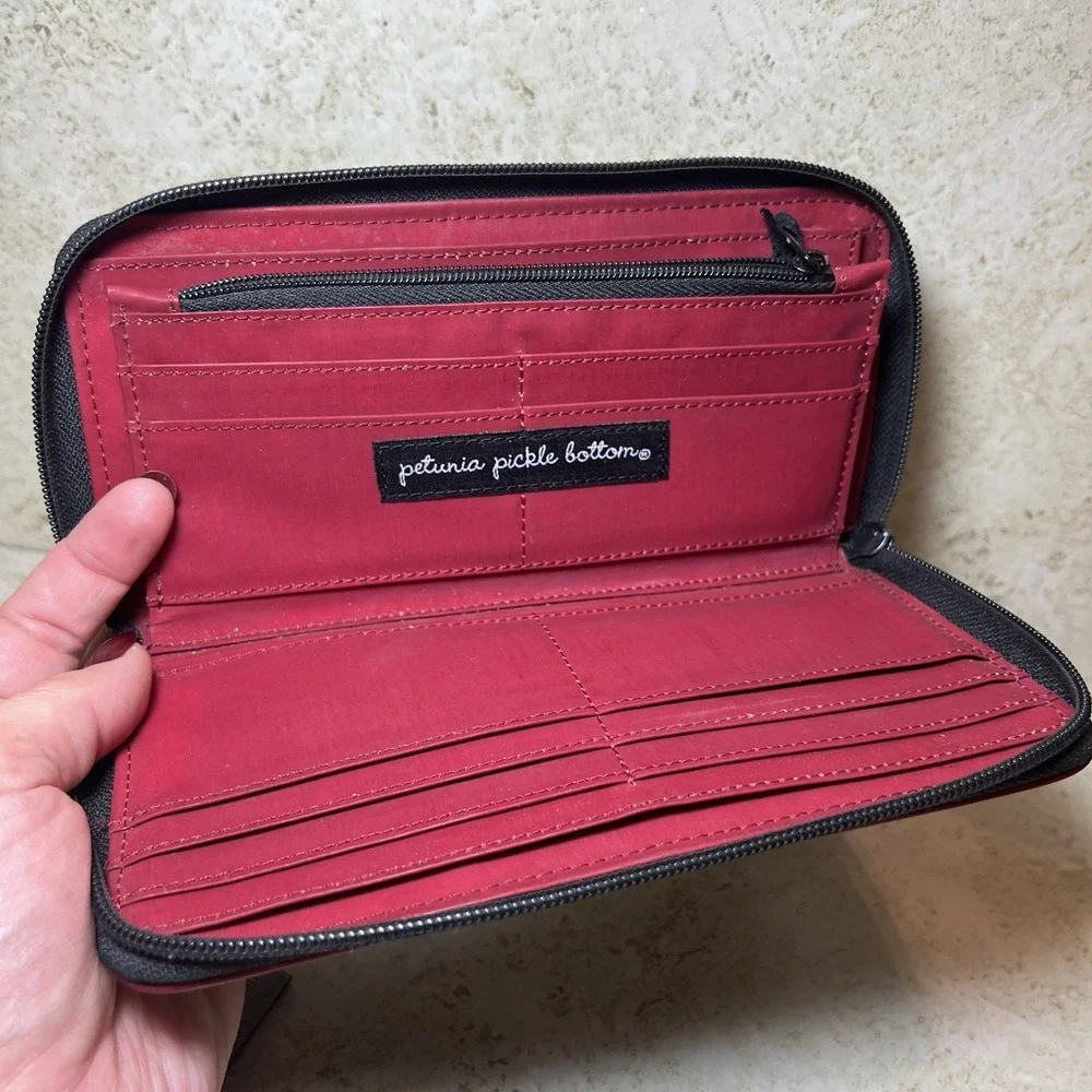Petunia Pickle Bottom Black & White Damask Wallet Zip Red Trim Long Multi Pocket